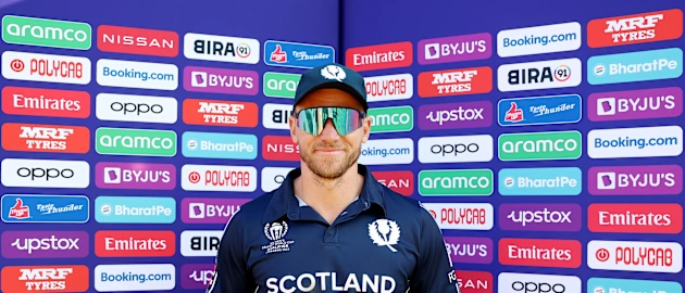 Richard Berrington of Scotland poses for a photograph with the Player of the Match award after the ICC Men´s Cricket World Cup Qualifier Zimbabwe 2023 match between Scotland and UAE at Bulawayo Athletic Club on June 23, 2023 in Bulawayo, Zimbabwe.