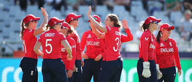 Nat Sciver-Brunt of England celebrates the wicket of Umaima Sohail of Pakistan during the ICC Women's T20 World Cup group B match between England and Pakistan at Newlands Stadium on February 21, 2023 in Cape Town, South Africa.