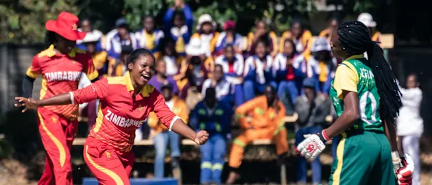 Zimbabwe bowler Anesu Mushangwe  celebrates