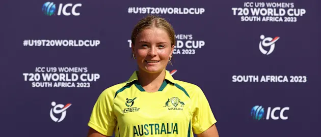 Milly Illingworth of Australia poses after being named Player of the Match following the ICC Women's U19 T20 World Cup 2023 Super 6 match between India and Australia at North-West University Oval on January 21, 2023 in Potchefstroom, South Africa.