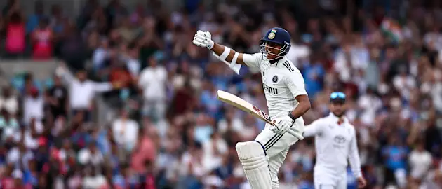 Yashasvi Jaiswal celebrates his century against England