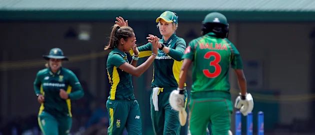 Shabnim Ismail celebrates after dismissing Salma Khatun