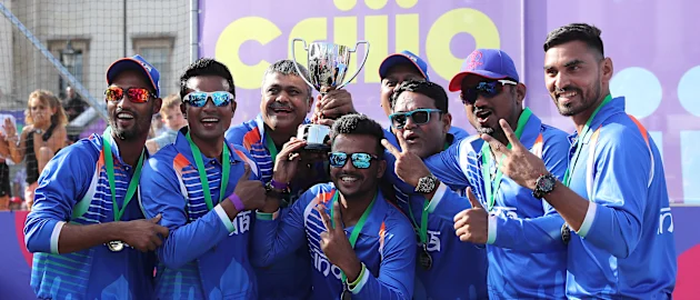 India celebrate winning the Criiio Cup at Trafalgar Square on July 12, 2019 in London, England.