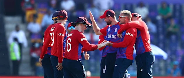 Liam Livingstone of England celebrates the wicket of Mushfiqur Rahim of Bangladesh during the ICC Men's T20 World Cup match between England and Bangladesh at Sheikh Zayed stadium on October 27, 2021 in Abu Dhabi, United Arab Emirates.