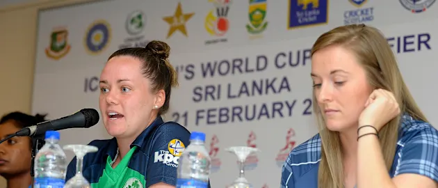 Ireland captain, Laura Delany, addresses the media at the Women's World Cup 2017 qualifiers