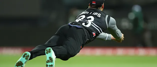 Glenn Phillips of New Zealand catches out Marcus Stoinis of Australia during the ICC Men's T20 World Cup match between Australia and New Zealand
