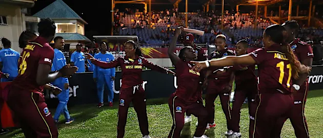 Windies players celebrate their win over Sri Lanka during the ICC Women's World T20 2018 match between Windies and Sri Lanka at Darren Sammy Cricket Ground on November 16, 2018 in Gros Islet, Saint Lucia.