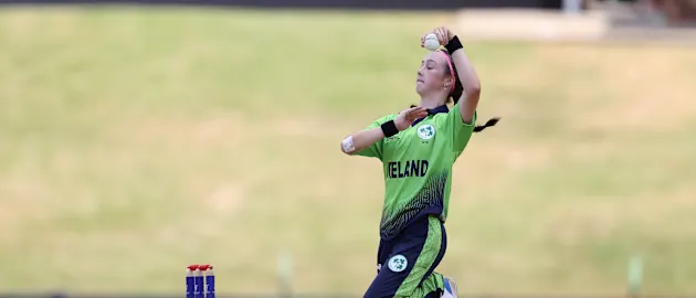 Aimee Maguire of Ireland in bowling action during the ICC Women's U19 T20 World Cup 2023 match between Ireland and Indonesia at JB Marks Oval on January 19, 2023 in Potchefstroom, South Africa.
