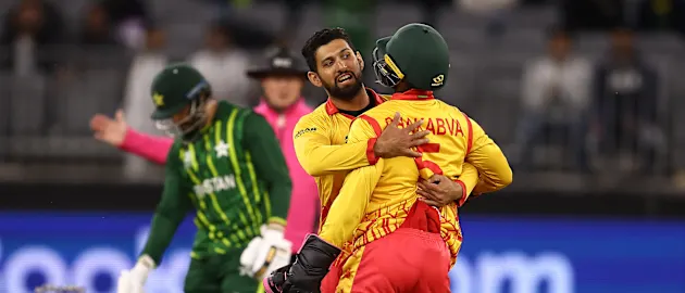 Sikandar Raza of Zimbabwe celebrates the wicket of Shan Masood of Pakistan during the ICC Men's T20 World Cup match between Pakistan and Zimbabwe 1920x1080