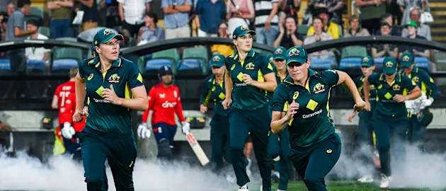 Australia players rush out on the pitch
