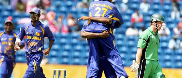 Sri Lanka captain Mahela Jayawardena celebrates the dismissal of Eoin Morgan at the 2007 World Cup
