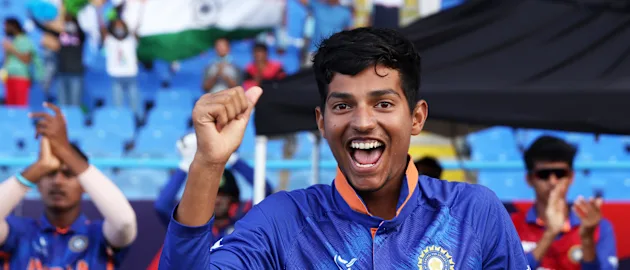 Yash Dhull of India reacts during the ICC U19 Men's Cricket World Cup Final match between England and India at Sir Vivian Richards Stadium on February 05, 2022 in Antigua, Antigua and Barbuda.