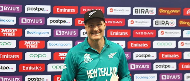 Martin Guptill of New Zealand poses after being named Player of the Match following the ICC Men's T20 World Cup match between New Zealand and Scotland at Dubai International Stadium on November 03, 2021 in Dubai, United Arab Emirates.