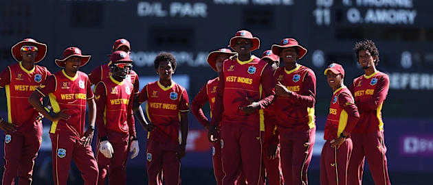Players of West Indies watch the big screen during the ICC U19 Men's Cricket World Cup match between West Indies and Scotland at Warner Park Sporting Complex on January 17, 2022 in Basseterre, Saint Kitts and Nevis.