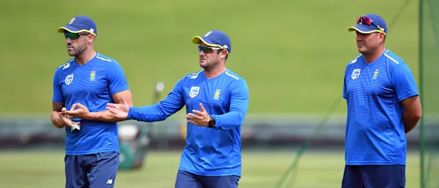 Faf du Plessis with head coach Mark Boucher and batting consultant Jacques Kallis