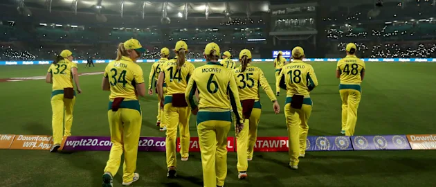 Players of Australia arrive on the ground for the start of game two of the women's T20I series between India and Australia at DY Patil Stadium