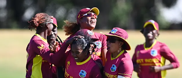 Afy Fletcher (C) of the West Indies celebrates with teammates after dismissing Ritu Moni of Bangladesh during the 2022 ICC Women's Cricket World Cup match between Bangladesh and West Indies at Bay Oval on March 18, 2022 in Tauranga, New Zealand.