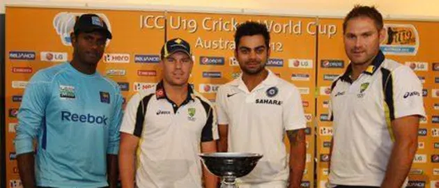 30860 Angelo Mathews, Ryan Harris, Virat Kohli and David Warner at the launch