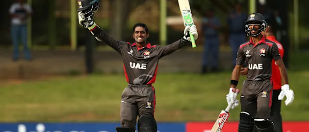Jonathon Figy of UAE celebrates his century during the ICC U19 Cricket World Cup Group D match between UAE and Canada at Mangaung Oval on January 18, 2020 in Bloemfontein, South Africa.
