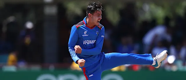 Noor Ahmad Lakanwal of Afghanistan celebrates bowling Bryce Parsons of South Africa for LBW during the ICC U19 Cricket World Cup Group D match between South Africa and Afghanistan at De Beers Diamond Oval on January 17, 2020 in Kimberley, South Africa.