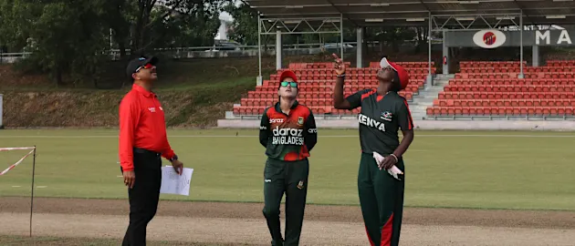 Margaret Banja Ngoche of Kenya flips the coin ahead of their match against Bangladesh