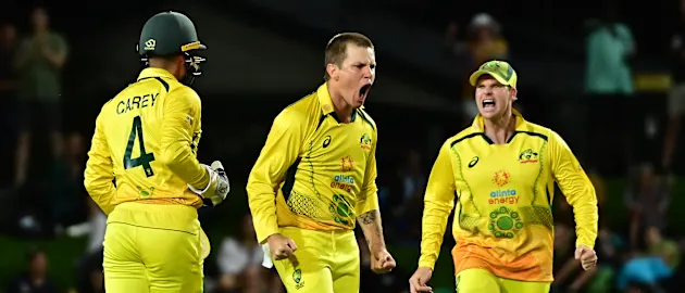 Adam Zampa of Australia reacts after taking the wicket of Daryl Mitchell Of New Zealand during game two of the One Day International Series between Australia and New Zealand
