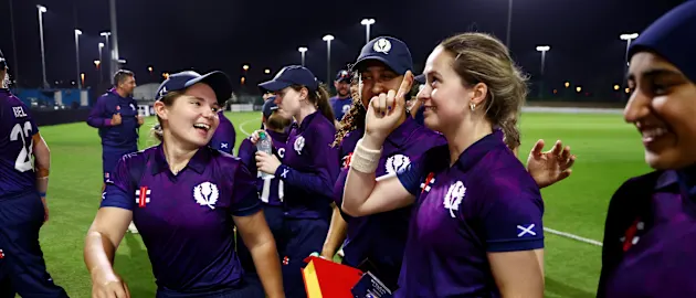 Rachel Slater of Scotland celebrates with teammates after being award the Player of the Match award after the ICC Women's T20 World Cup Qualifier 2024 match between Scotland and Uganda at Tolerance Oval on April 25, 2024 in Abu Dhabi, United Arab Emirates.