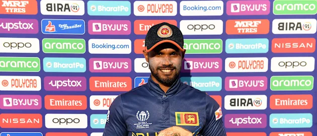 Dhananjaya de Silva of Sri Lanka poses after being named Player of the Match following the ICC Men's Cricket World Cup Qualifier Zimbabwe 2023 Super 6 match between Sri Lanka and Netherlands at Queen’s Sports Club on June 30, 2023 in Bulawayo, Zimbabwe.
