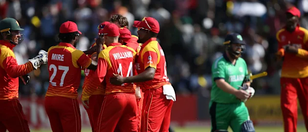 Zimbabwe players celebrate the wicket of Paul Stirling Of Ireland during The ICC Cricket World Cup Qualifier between Ireland and Zimbabwe at The Harare Sports Club on March 16, 2018 in Harare, Zimbabwe (©ICC).