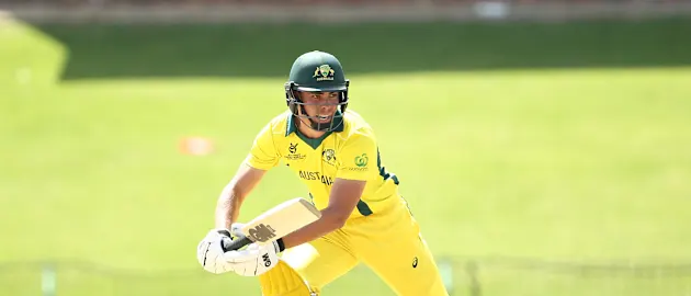 Sam Fanning of Australia bats during the ICC U19 Cricket World Super League Cup Quarter Final 1 match between India and Australia at JB Marks Oval on January 28, 2020 in Potchefstroom, South Africa.