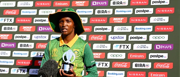 Player of the Match Ayabonga Khaka of South Africa speaks to the media after her team's victory during the 2022 ICC Women's Cricket World Cup match between Bangladesh and South Africa at University Oval on March 05, 2022 in Dunedin, New Zealand.
