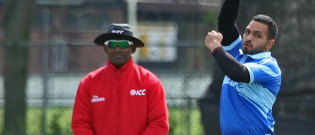 Usman Khan bowling for France at the ICC Europe Division 1 Tournament in Voorburg, The Netherlands