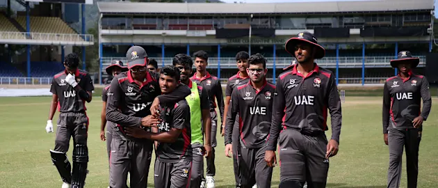 Players of United Arab Emirates celebrate following the ICC U19 Men's Cricket World Cup Plate Quarter Final 1 match between United Arab Emirates and Uganda at Queen's Park Oval on January 25, 2022 in Port of Spain, Trinidad And Tobago.