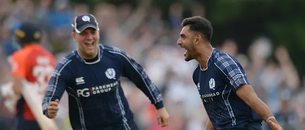 Safyaan Sharif celebrates taking the winning wicket against England
