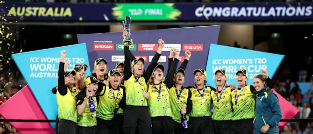 Meg Lanning of Australia holds aloft the championship trophy and celebrates with team mates after winning the ICC Women's T20 Cricket World Cup Final match between India and Australia at the Melbourne Cricket Ground on March 08, 2020.