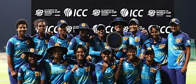 Players of Sri Lanka pose with the ICC Women's T20 World Cup Qualifier 2024 Trophy following the ICC Women's T20 World Cup Qualifier 2024 Final match between Scotland and Sri Lanka at Zayed Cricket Stadium on May 07, 2024 in Abu Dhabi, United Arab Emirates.