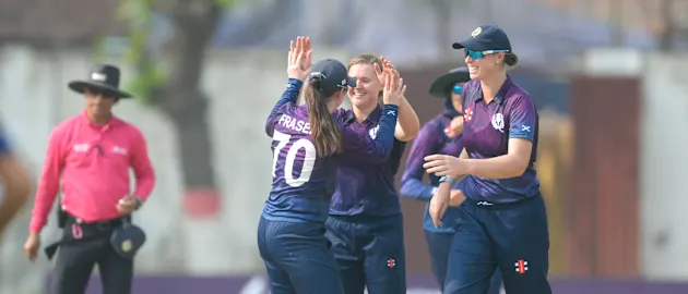 Kathryn Bryce celebrates wicket of Shemaine Campbelle