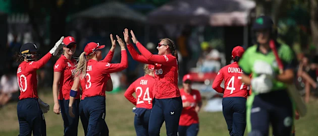 Sophie Ecclestone of England celebrates the wicket of Gaby Lewis