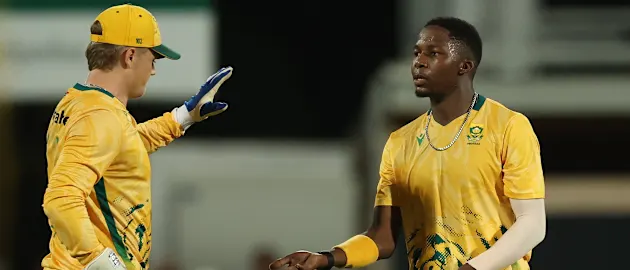 Kwena Maphaka celebrates the wicket of Ben Dwarshuis against Australia