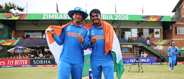 Vaibhav Suryavanshi and Ayush Mhatre after winning the ICC Men's U19 Cricket World Cup 2026