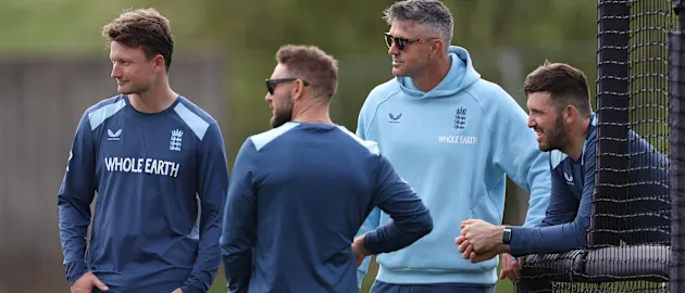 England Specialist Mentor, Kevin Pietersen and England T20 Head Coach, Brendon McCullum talk with Aneurin Donald and Jamie Overton on during an England nets session at Utilita Bowl on September 14, 2026 in Southampton, England