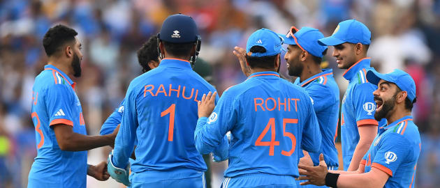 Virat Kohli and India celebrate the wicket of Haris Rauf of Pakistan during the ICC Men's Cricket World Cup India 2023 match between India and Pakistan