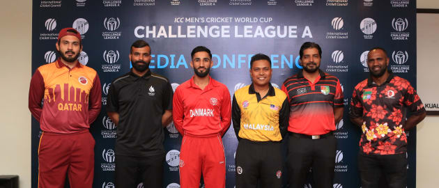 Team Captains for the ICC Men’s Cricket World Cup Challenge League A 2019 pose for press after the press conference