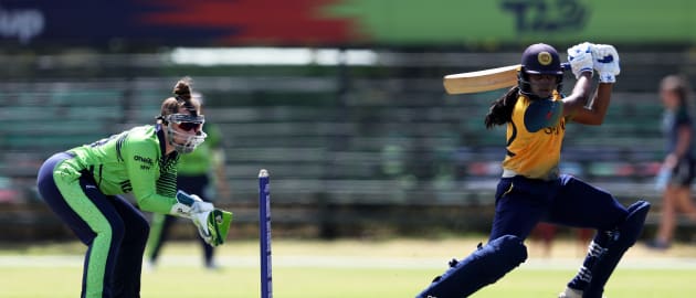 Vishmi Gunarathne of Sri Lanka plays a shot as Mary Waldron of Ireland  during a warm-up match between Sri Lanka and Ireland prior to the ICC Women's T20 World Cup South Africa 2023 at Stellenbosch University 1 on February 06, 2023.