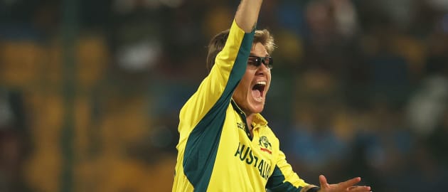 Adam Zampa of Australia successfully appeals for the LBW of Mohammad Rizwan of Pakistan during the ICC Men's Cricket World Cup