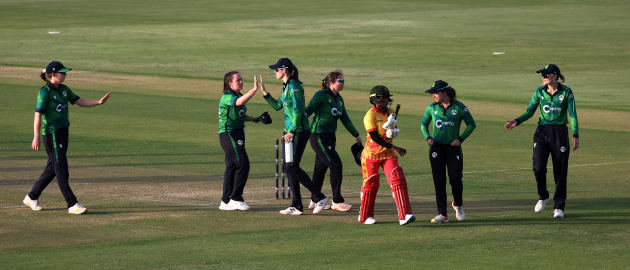 Players of Ireland and Zimbabwe shake hands following the ICC Women's T20 World Cup Qualifier 2024 match between Ireland and Zimbabwe at Zayed Cricket Stadium on April 29, 2024 in Abu Dhabi, United Arab Emirates.