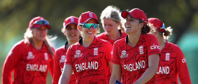 Kate Cross and Nat Sciver-Brunt of England look on following a warm-up match between South Africa and England prior to the ICC Women's T20 World Cup South Africa 2023 at Stellenbosch University 1 on February 06, 2023 in Stellenbosch, South Africa.