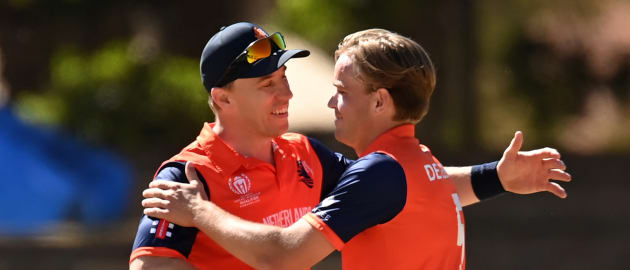 Bas de Leede of Netherlands celebrates the wicket of Mark Watt of Scotland during the ICC Men's Cricket World Cup Qualifier Zimbabwe
