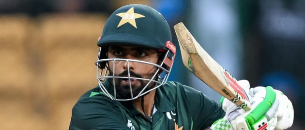 Babar Azam plays a shot during the 2023 ICC Men's Cricket World Cup one-day international (ODI) match between New Zealand and Pakistan
