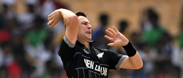 Matt Henry of New Zealand in bowling action during the ICC Men's Cricket World Cup India 2023 between New Zealand and Bangladesh